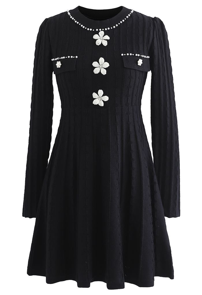 Pearly Flowers Embellished Black Knit Dress