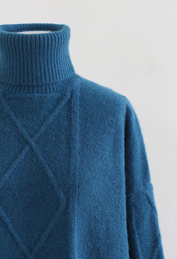 Diamond Knit Turtleneck Longline Sweater in Indigo - Retro, Indie and ...