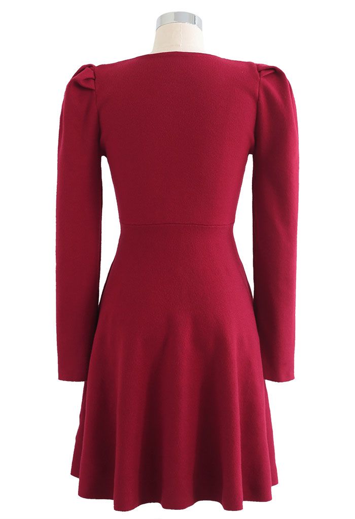 Golden Chain and Button Trim Knit Dress in Red