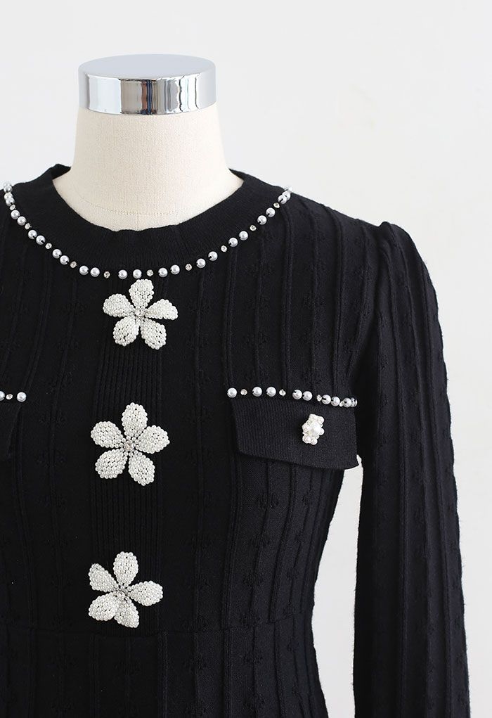 Pearly Flowers Embellished Black Knit Dress