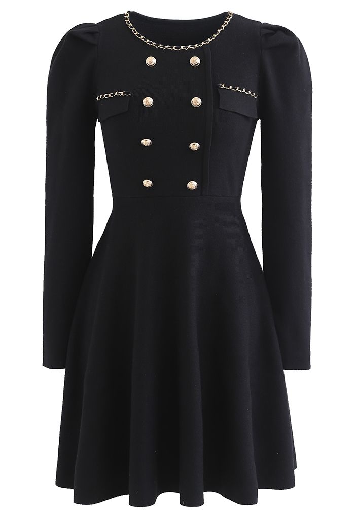 Golden Chain and Button Trim Knit Dress in Black - Retro, Indie and ...