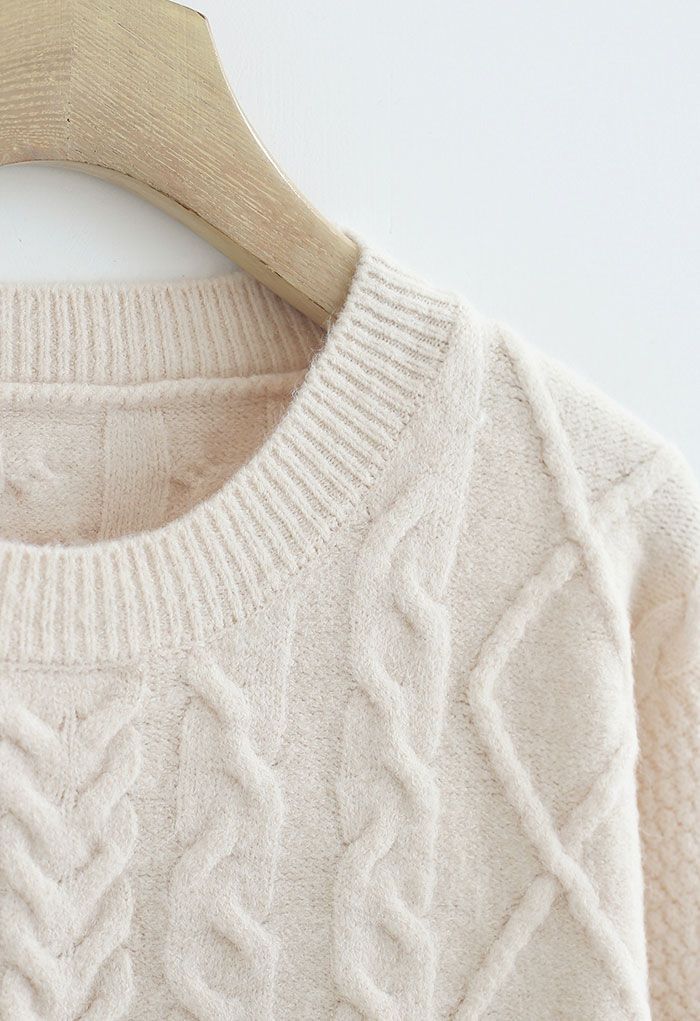 Pearl Trimmed Sleeve Braid Knit Sweater in Ivory