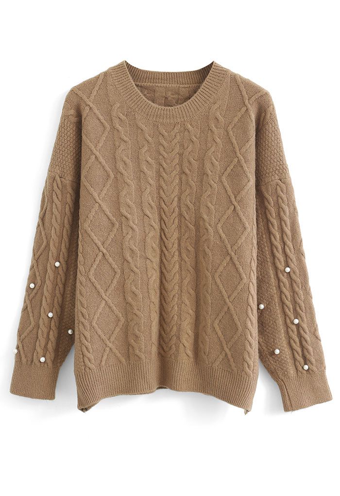 Pearl Trimmed Sleeve Braid Knit Sweater in Light Tan
