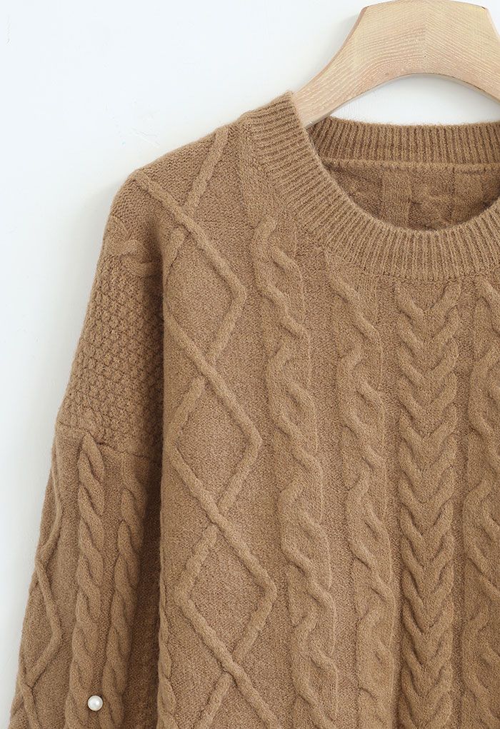 Pearl Trimmed Sleeve Braid Knit Sweater in Light Tan