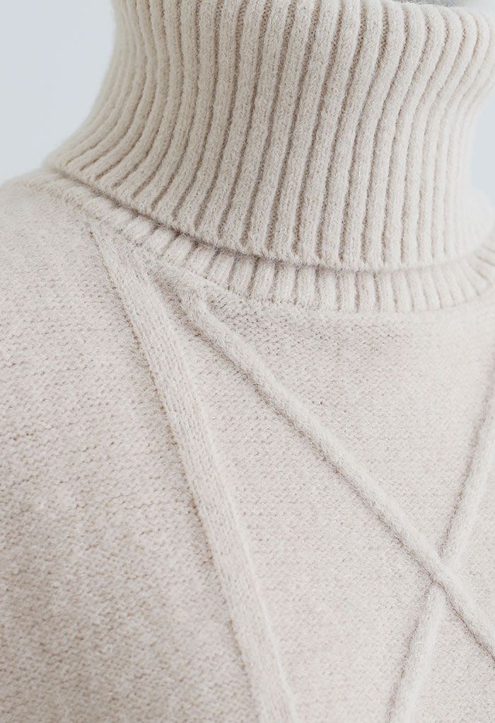Diamond Knit Turtleneck Longline Sweater in Sand