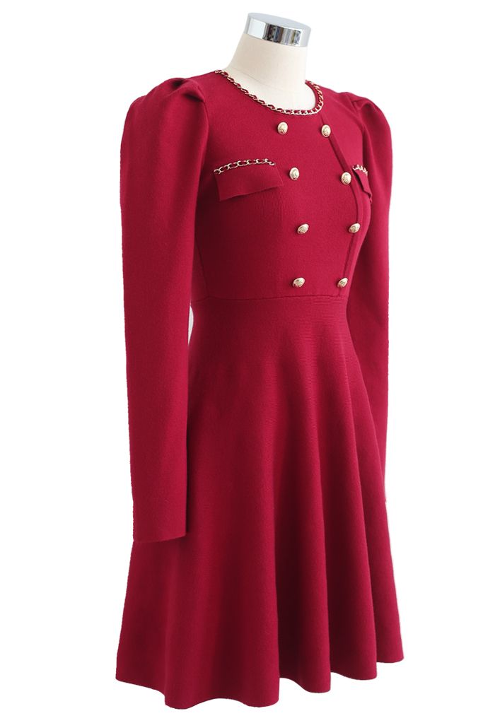 Golden Chain and Button Trim Knit Dress in Red