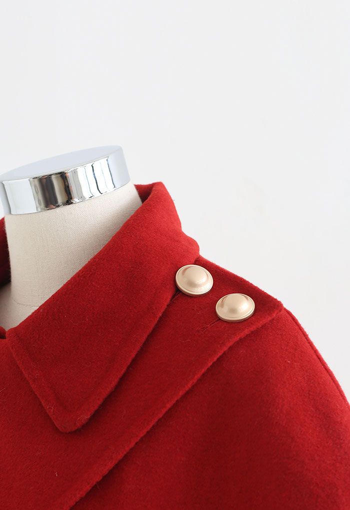 Wool-Blend Longline Coat with Cape Shoulder in Red
