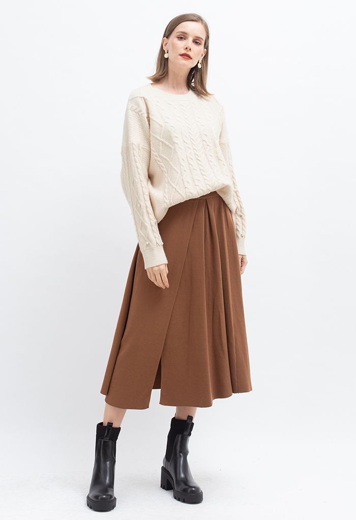Pearl Trimmed Sleeve Braid Knit Sweater in Ivory