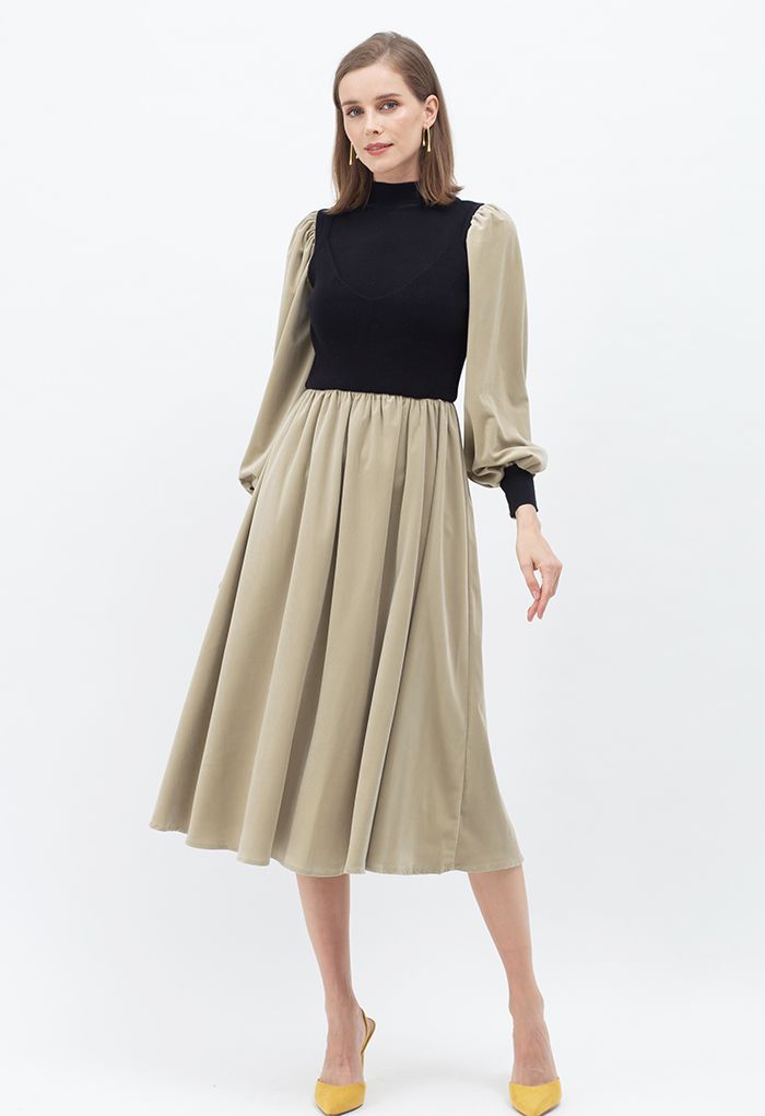 Mock Neck Knit Spliced Corduroy Dress in Light Tan - Retro, Indie and ...