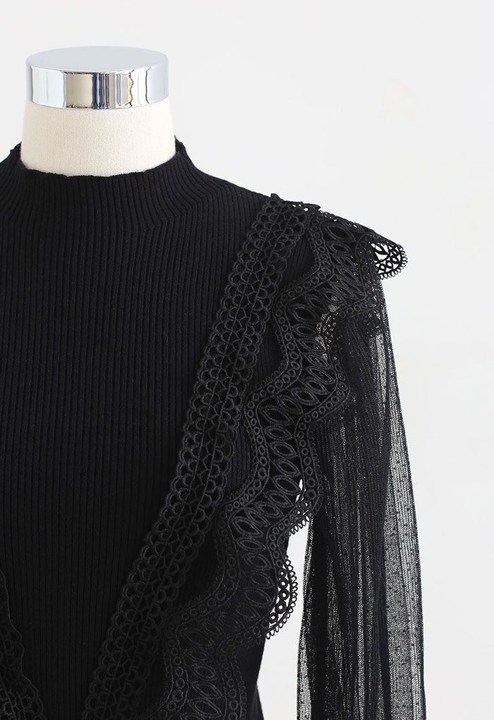 Scalloped Crochet Mesh Sleeves Knit Top in Black