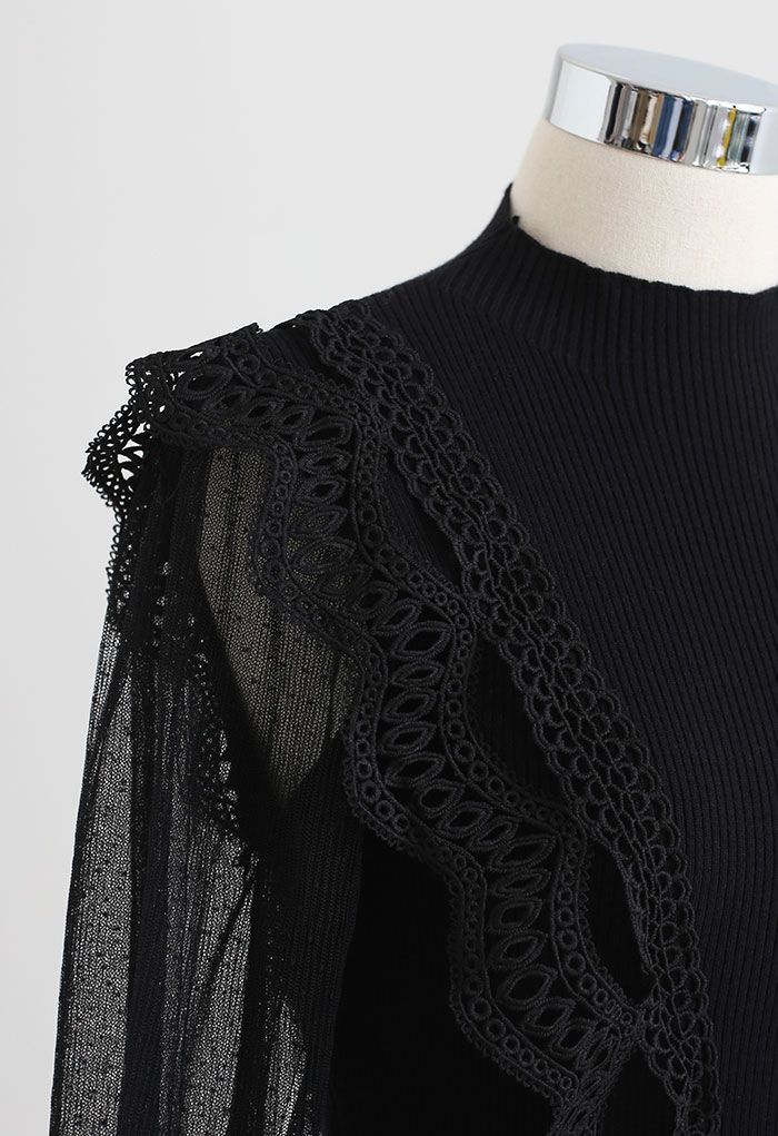 Scalloped Crochet Mesh Sleeves Knit Top in Black