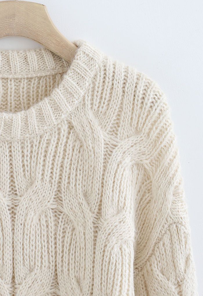 Cropped Round Neck Braid Knit Sweater in Sand