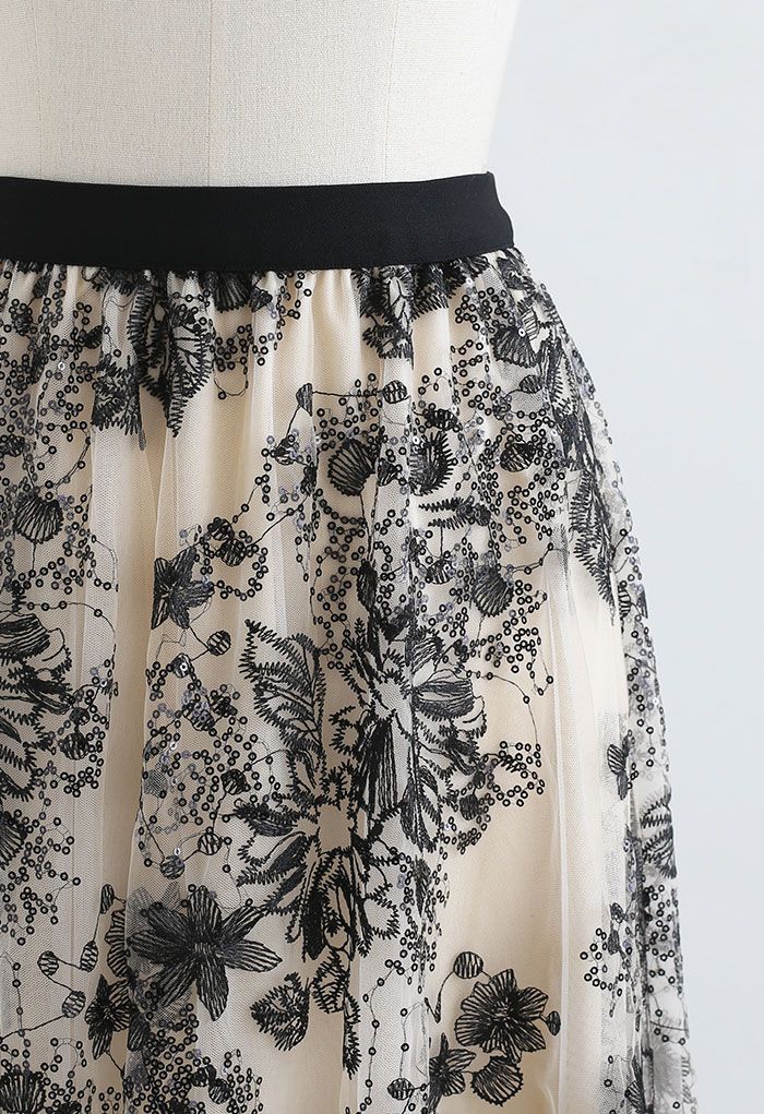 Sequined Flower Embroidered Mesh Midi Skirt