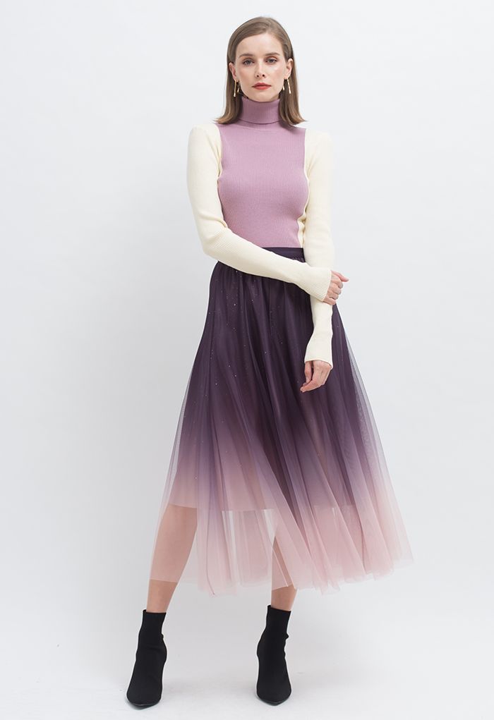 Gradient Mesh Sequined Maxi Skirt in Purple