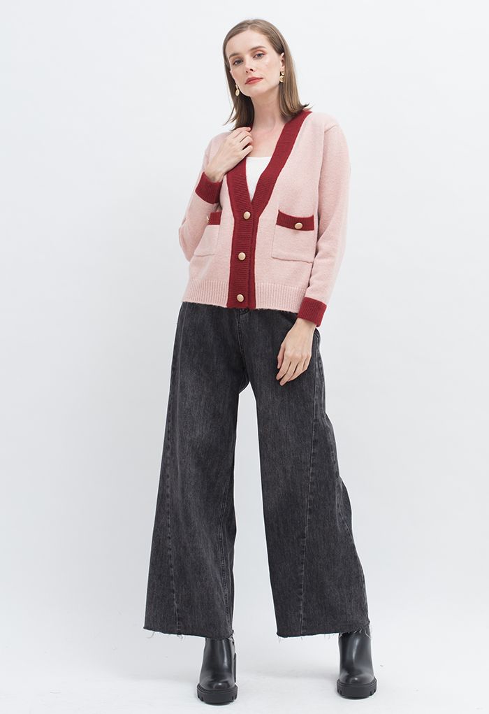Shimmer Contrast Edge Pocket Button Down Cardigan