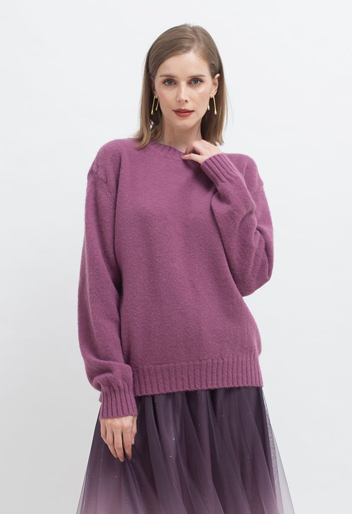 Ribbed Fuzzy Soft Knit Sweater in Violet