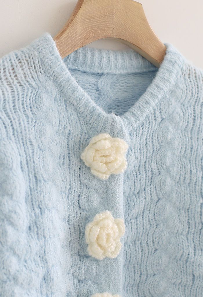 Flowers Button Down Embossed Bubble Sleeves Cardigan in Blue