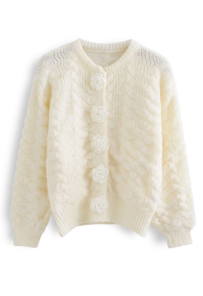 Flowers Button Down Embossed Bubble Sleeves Cardigan in White