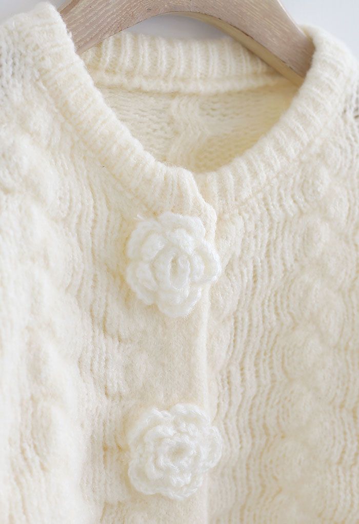 Flowers Button Down Embossed Bubble Sleeves Cardigan in White