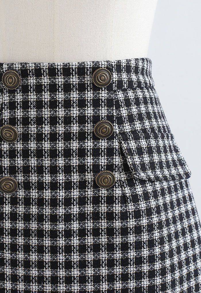 Gingham Pattern Shimmer Tweed Mini Skirt in Black - Retro, Indie and ...