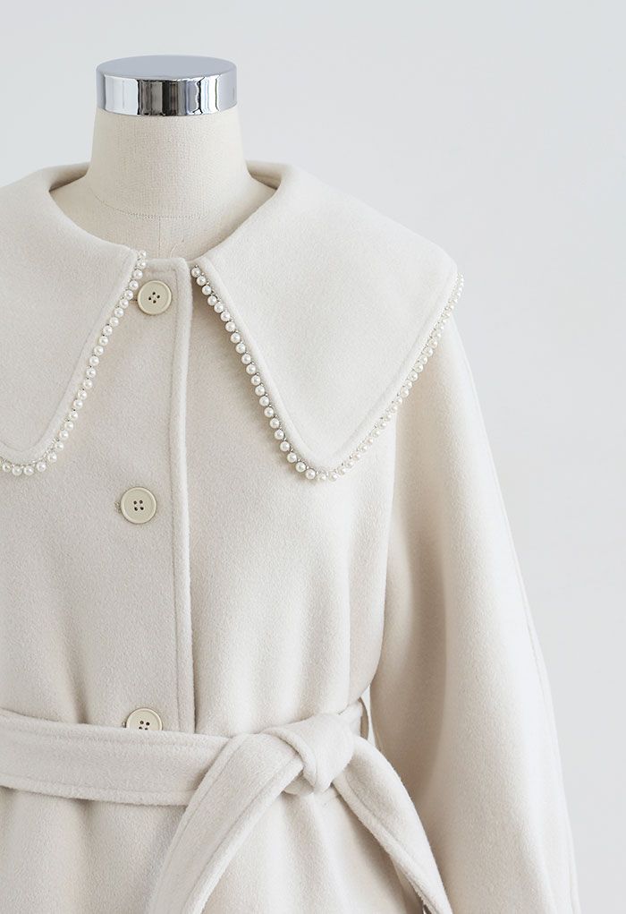 Pearl Edge Button Down Longline Wool-Blend Coat in Cream