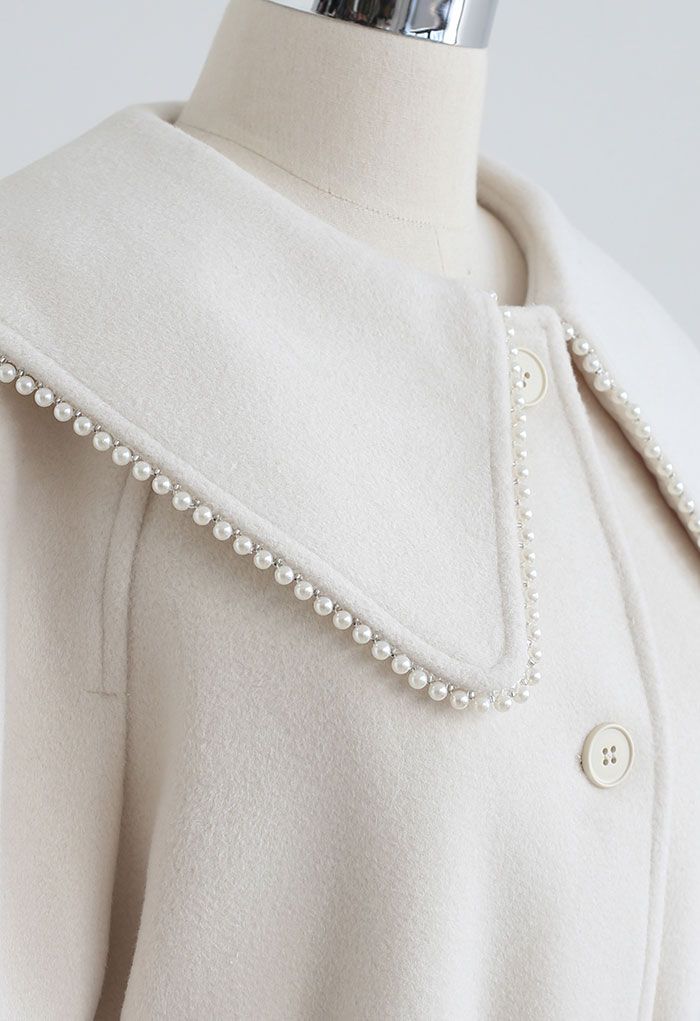 Pearl Edge Button Down Longline Wool-Blend Coat in Cream