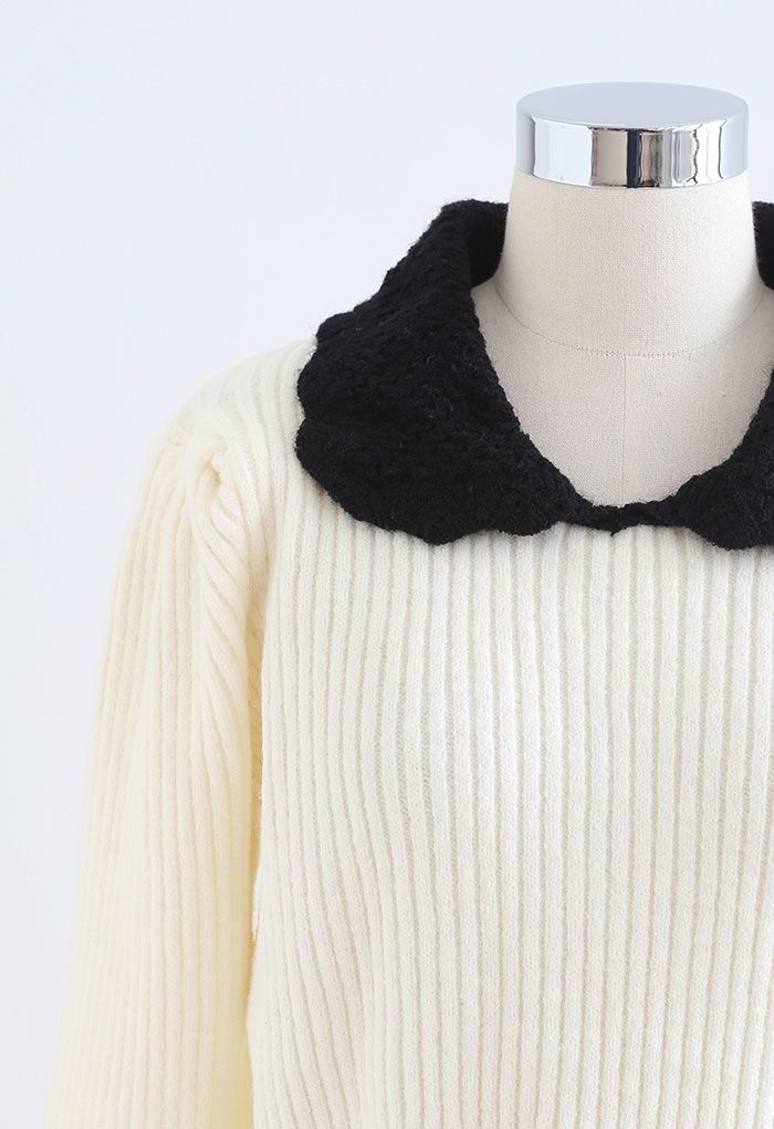 Hollow Out Doll Collar Crop Knit Sweater in White