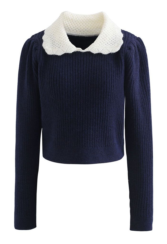 Hollow Out Doll Collar Crop Knit Sweater in Navy