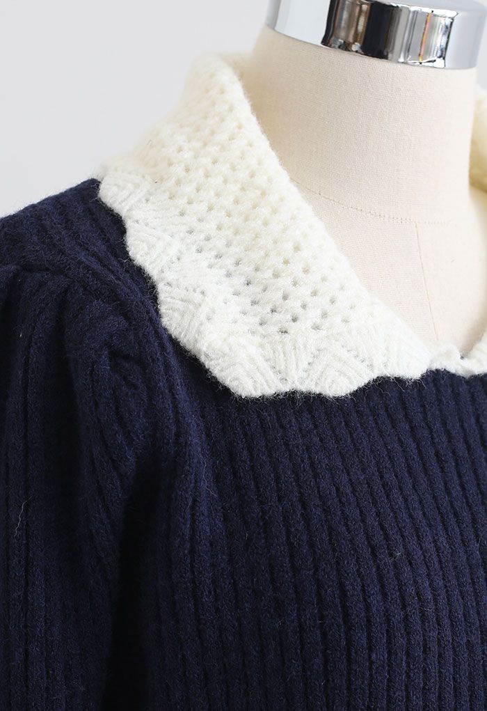 Hollow Out Doll Collar Crop Knit Sweater in Navy