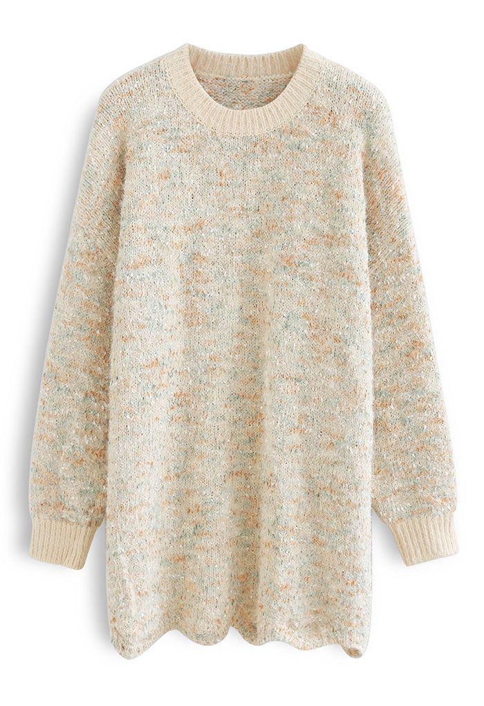 Mix-Color Knit Oversized Longline Sweater in Cream