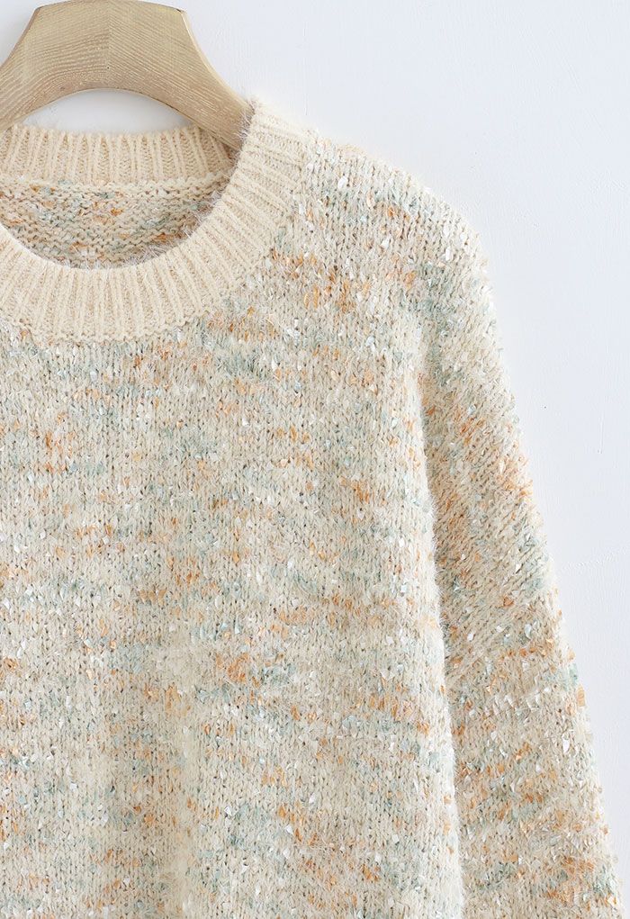 Mix-Color Knit Oversized Longline Sweater in Cream