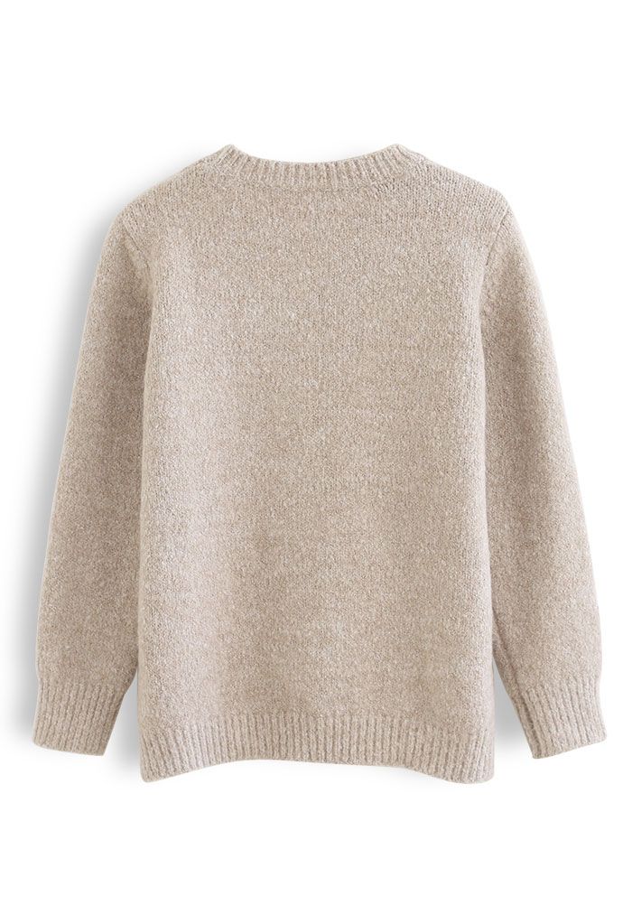 Ribbed Edge Round Neck Knit Sweater in Camel