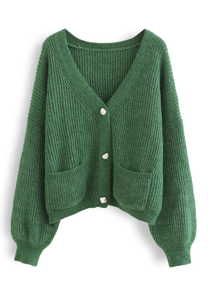 Patched Pocket Shimmer Knit Buttoned Cardigan in Green