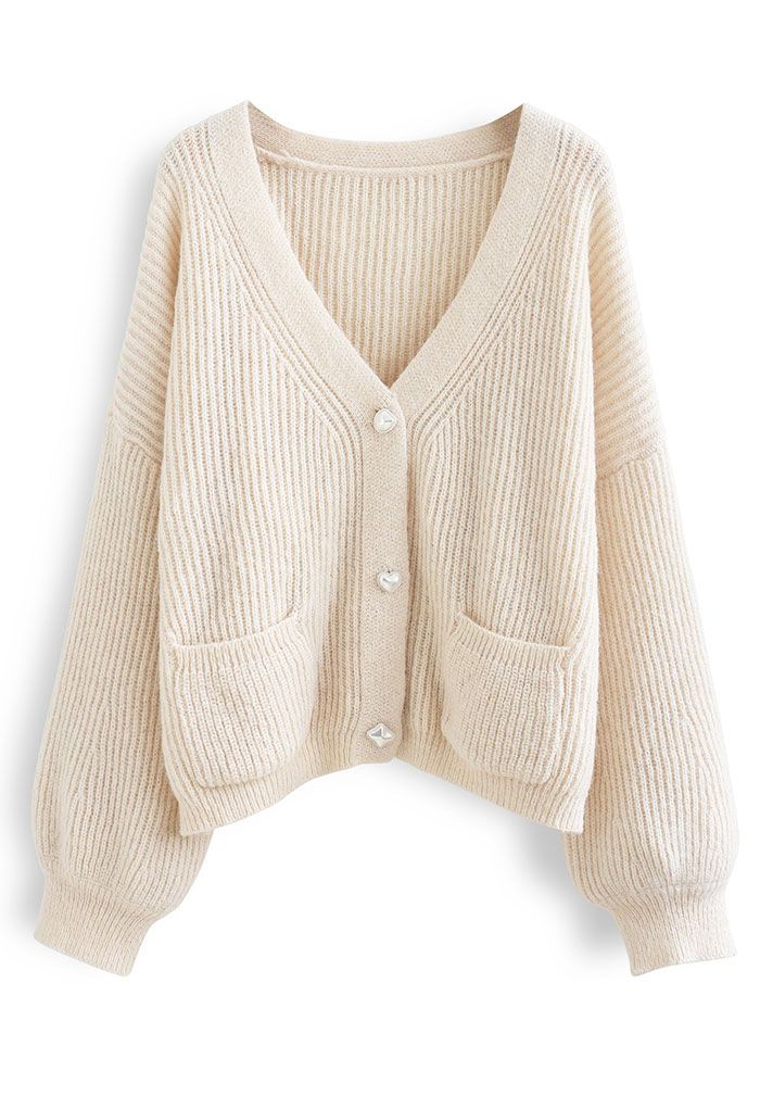Patched Pocket Shimmer Knit Buttoned Cardigan in Cream - Retro, Indie ...