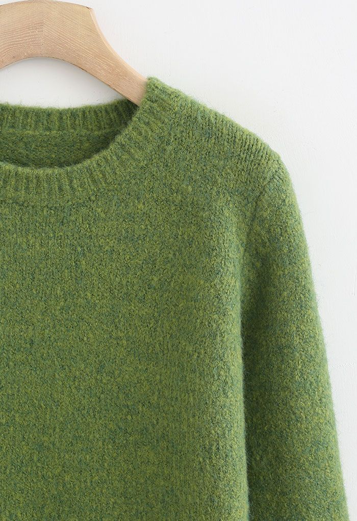 Ribbed Edge Round Neck Knit Sweater in Green