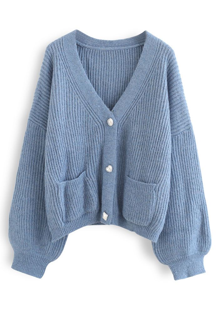 Patched Pocket Shimmer Knit Buttoned Cardigan in Blue
