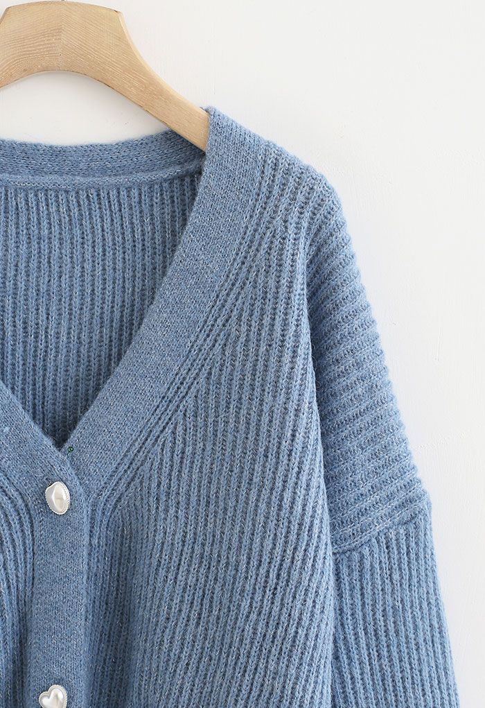 Patched Pocket Shimmer Knit Buttoned Cardigan in Blue