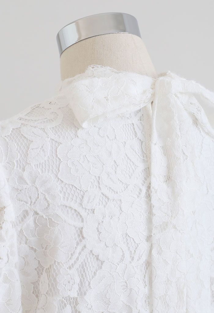 Floral Lace Puff Shoulder Bowknot Top in White - Retro, Indie and ...