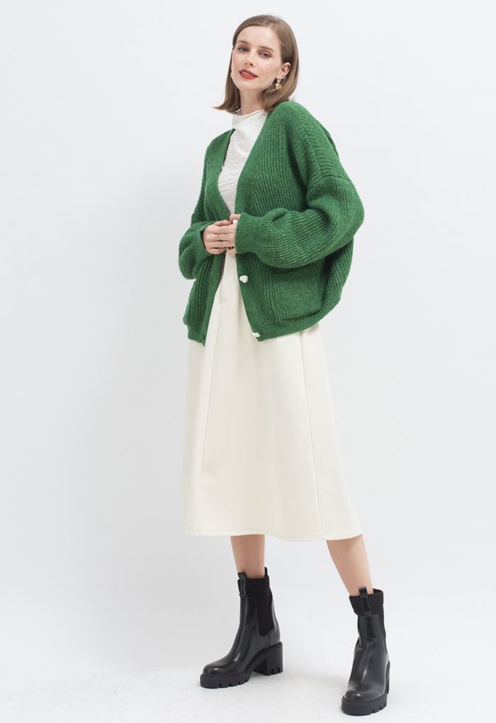 Patched Pocket Shimmer Knit Buttoned Cardigan in Green