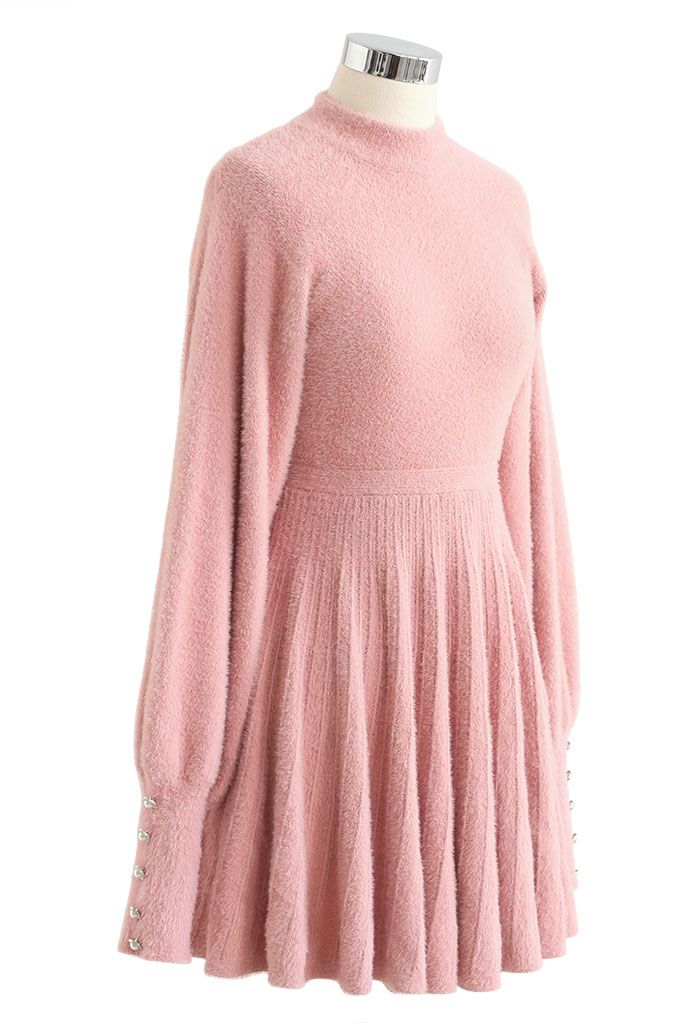 Extra Soft Fuzzy Knit Pleated Dress in Pink