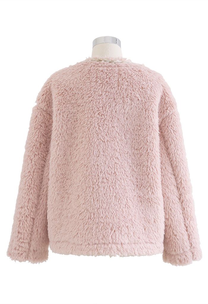 Contrast Ball Decorated Faux Fur Suede Coat in Pink