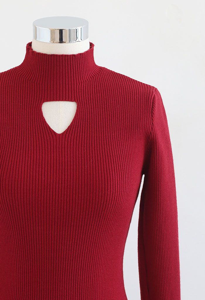 Mock Neck Cutout Knit Midi Dress in Red - Retro, Indie and Unique Fashion