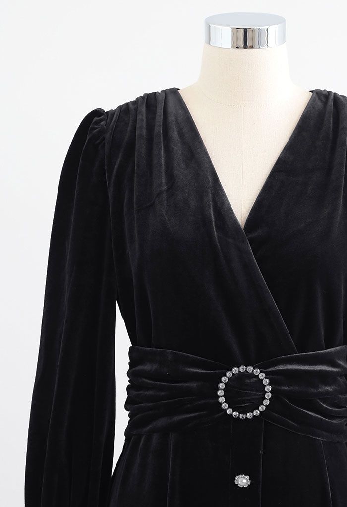 Crystal Trim Velvet Wrap Midi Dress in Black
