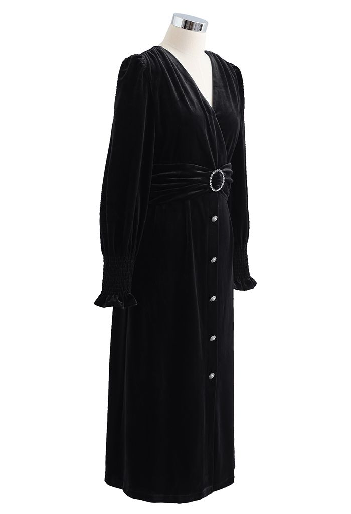 Crystal Trim Velvet Wrap Midi Dress in Black