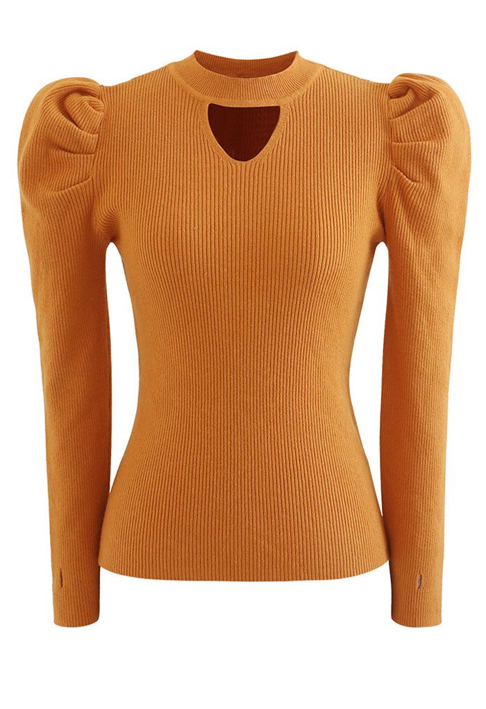 Cutout Gigot Sleeves Fitted Knit Top in Orange