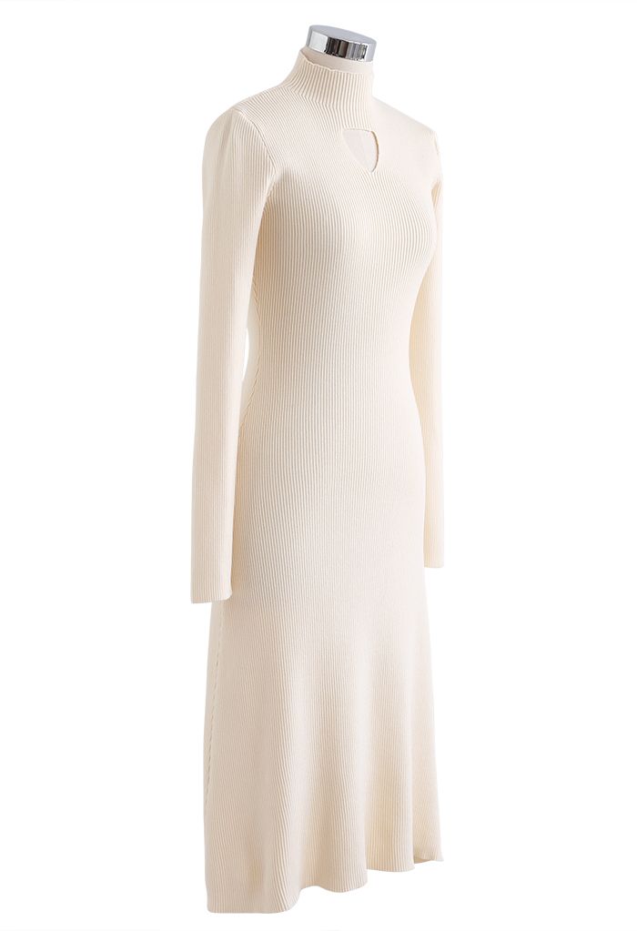 Mock Neck Cutout Knit Midi Dress in Cream