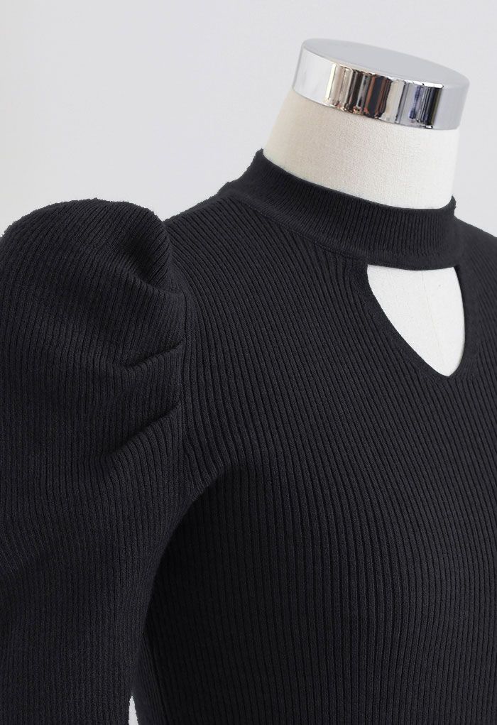Cutout Gigot Sleeves Fitted Knit Top in Black - Retro, Indie and Unique ...