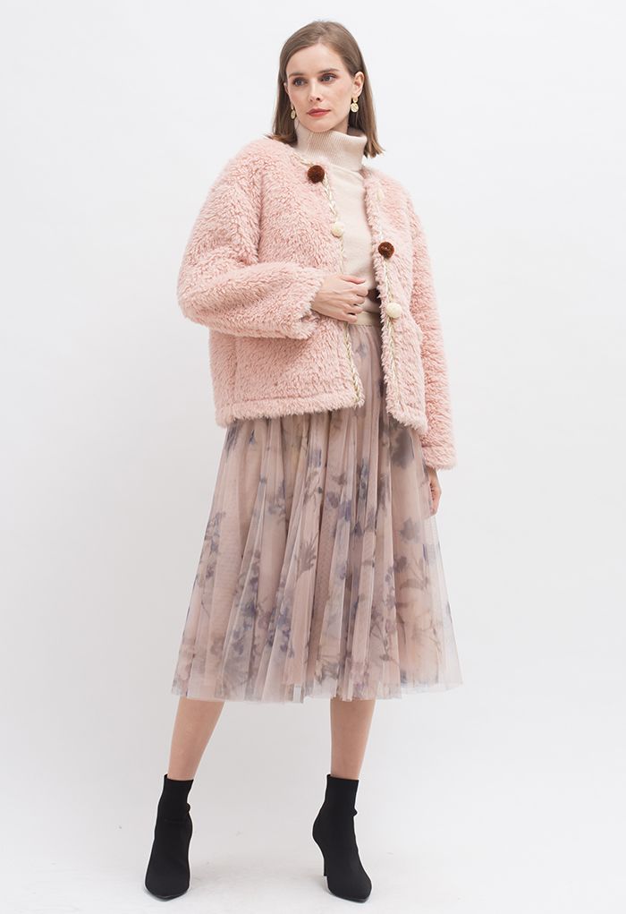 Contrast Ball Decorated Faux Fur Suede Coat in Pink