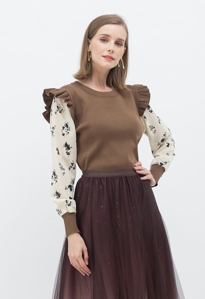 Floret Chiffon Sleeves Spliced Knit Top in Brown