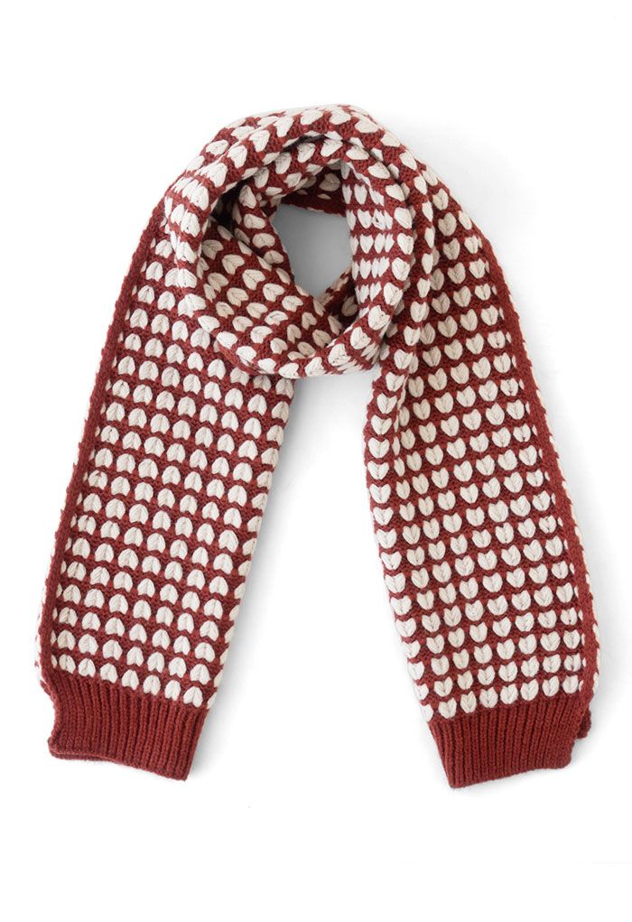Heart Jacquard Knit Scarf in Red